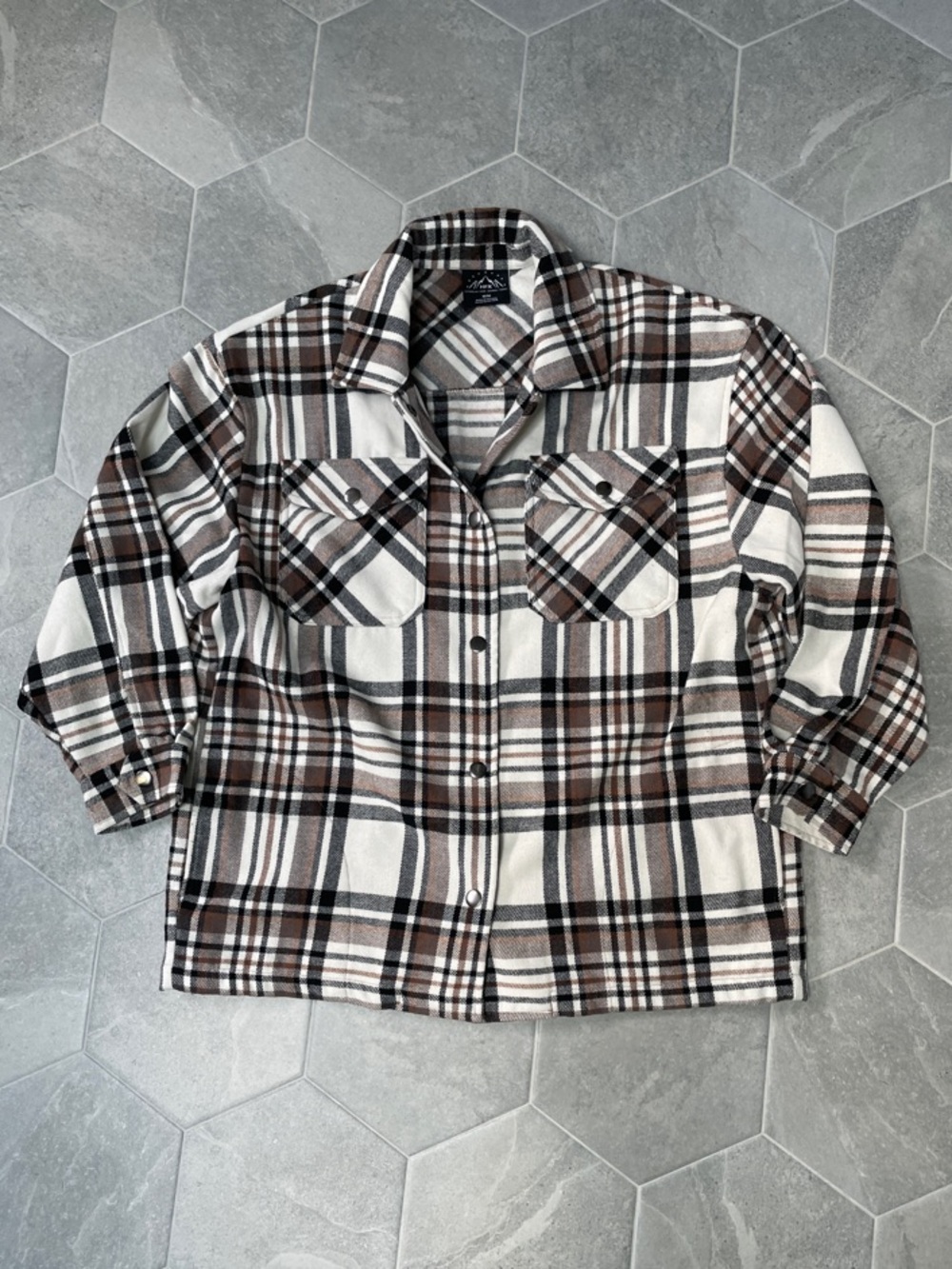 HFX Heavy Flannel Plaid Shirt Jacket(Shacket)–Women’s Medium–Brown/Black/White